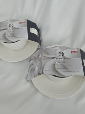 Set of 2 Eaton Fine Dining Casa Embossed Porcelain Cup & Saucer Classic Tea Mug